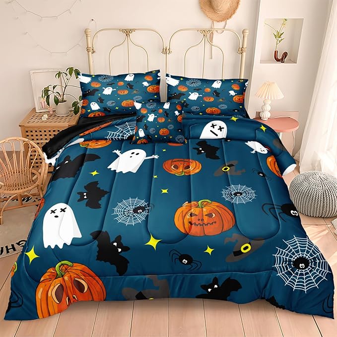 Bedbay Halloween Comforter Set Queen Size Halloween Bedding Set Full Cute Ghost Pumpkin Printed Blue Halloween Bedding 4-Piece with 1 Cushion Cover (Blue,Queen)