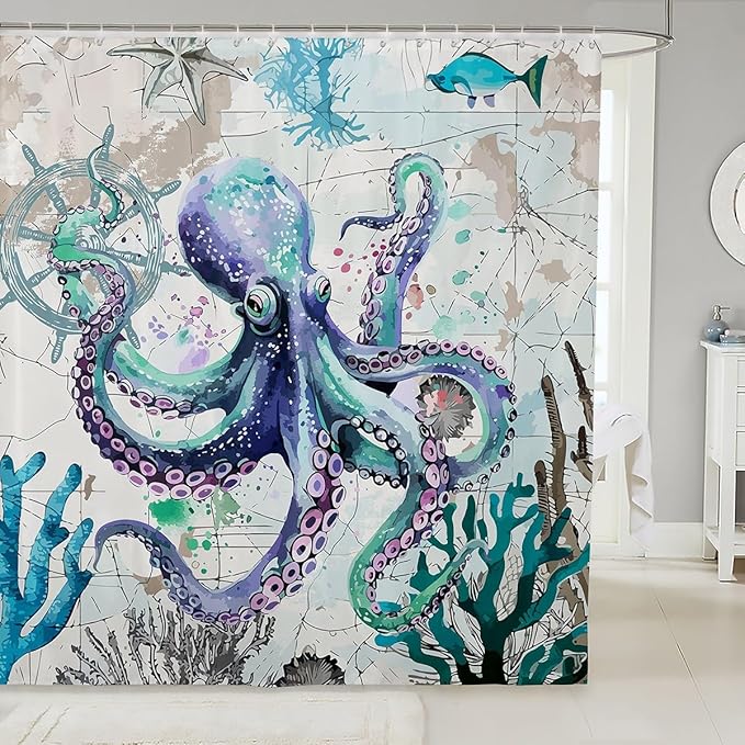 Feelyou Octopus Fabric Shower Curtain Ocean Kraken Shower Curtain for Kids Boys Girls Octopus Tentacles Bathroom Waterproof Accessories with 12 Hooks Nautical Curtains,72x78 Inches
