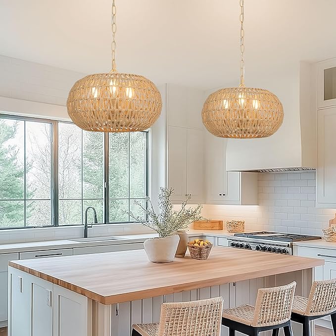 Rattan Farmhouse Chandeliers for Dining Room, 3-Light Boho Chandelier with Wicker Lampshade, Coastal Hanging Ceiling Pendant Light Fixtures for Kitchen Island Bedroom Living Room, E12 Base