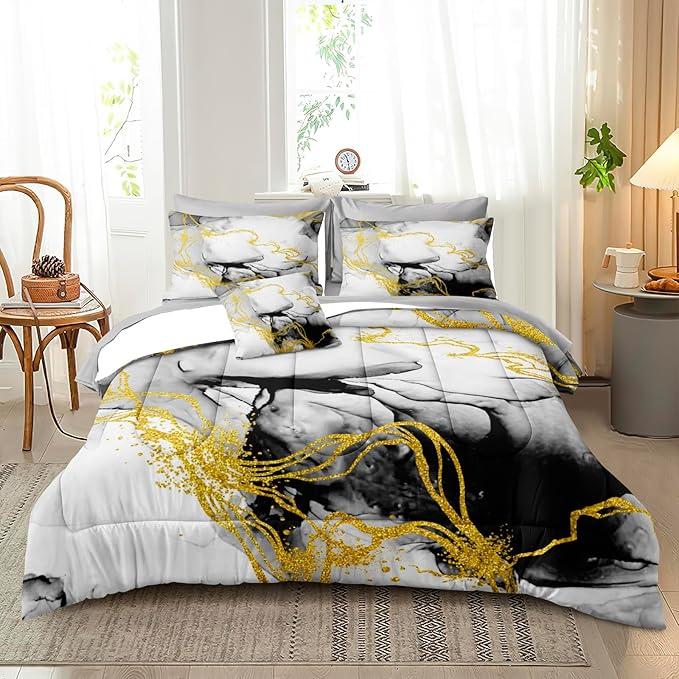 Bedbay Marble Comforter Set King Size Watercolor Bedding Black and Gold Bedding Duvet Set Abstract Marble Texture 4 Pieces Soft Microfiber Lightweight Down Alternative Comforter(Ink,King) ﻿