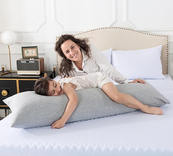 WhatsBedding Memory Foam Body Pillow with 100% Cotton Jersey Knitted Cover, Luxury Soft Large Long Pillow for Adults, Firm Full Body Pillow with Removable Zippered Pillow Case - Light Grey