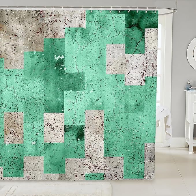 Feelyou Kids Geometric Green Shower Curtain Geometry Bathroom Shower Curtain Set Checkered Bath Curtain Boys Girls Modern Art Teens Bathroom Accessories Room Decor 72"x72"
