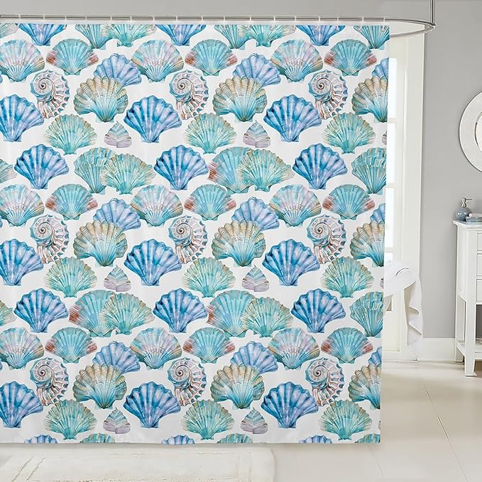 Feelyou Seashell Conch Print Shower Curtain 72"x84" Kids Marine Life Sea Bathroom Shower Curtain Set for Boys Girls Teens Ocean Marine Themed Bath Curtain Sea Coastal Nautical Bathroom Accessories