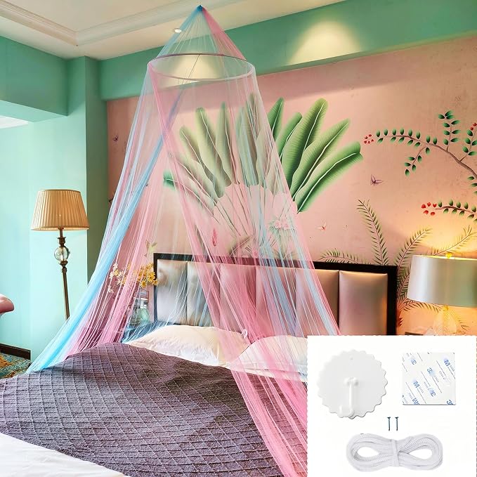 Eimilaly Two-Tone Bed Canopy Mosquito Net Pink Blue with Warm Lights, Bed Canopy for Girls Room Decor, Single Door