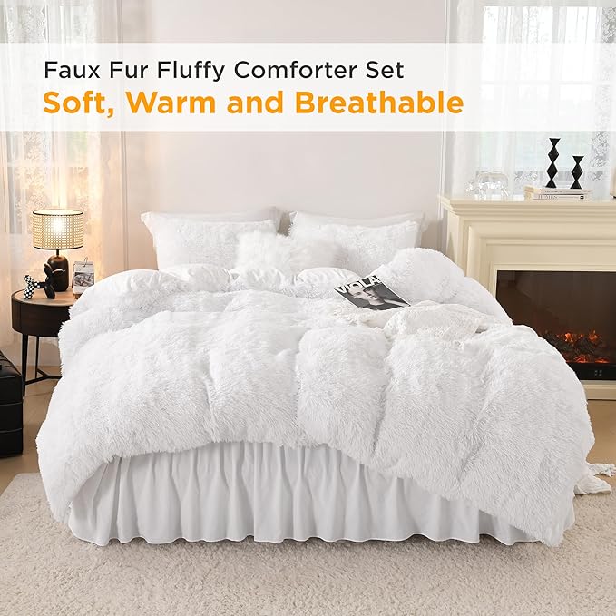 Litanika White Fluffy Comforter Full Size, Luxury Shaggy Plush Fuzzy Bedding Set for Full Bed, Ultra Soft Warm Velvet Comforter 3 Pieces(1 Faux Fur Comforter 79×90 Inch, 2 Pillowcases)