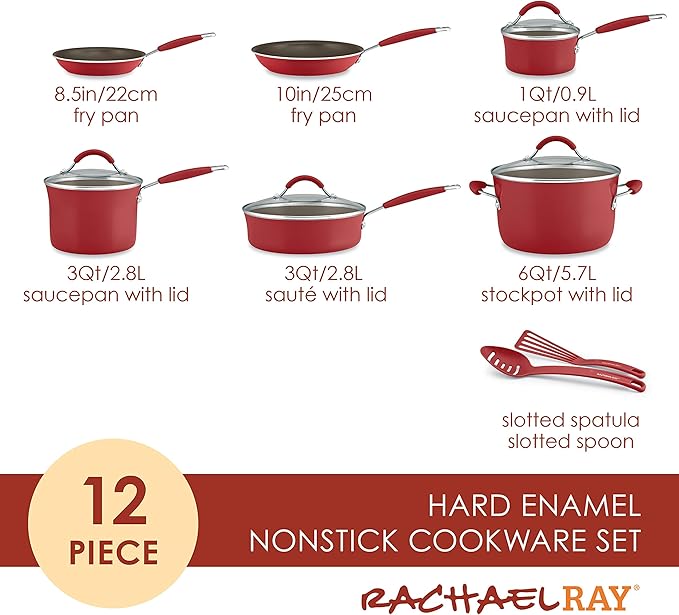 Rachael Ray Cucina Nonstick Cookware Pots and Pans Set, 12 Piece, Cranberry Red & Cucina Bakeware Set Includes Nonstick Bread Baking Cookie Sheet and Cake Pans, 5 Piece