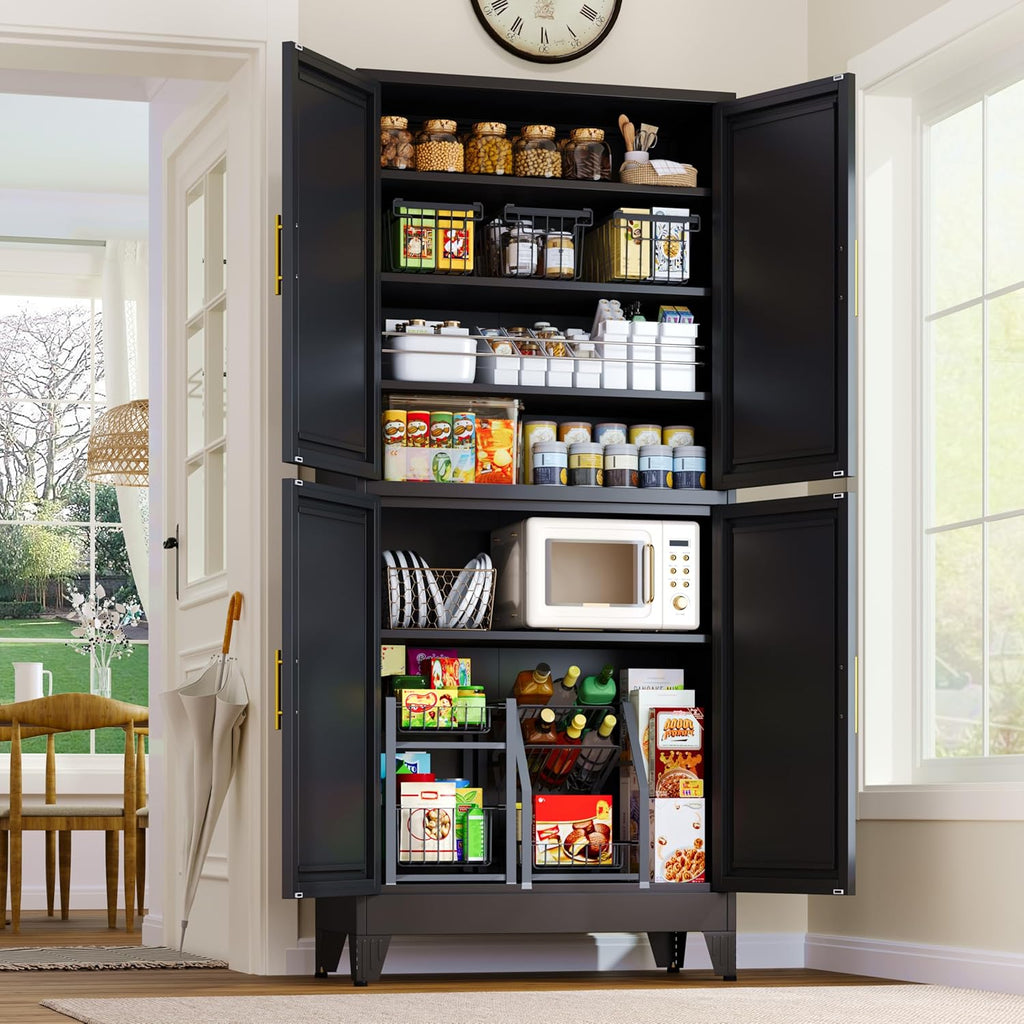 75.2" Tall Metal Pantry Cabinet, Storage Cabinets with 4 Door and 4 Adjustable Shelves, Black Kitchen Pantry Storage Cabinet, Freestanding Cupboard for Kitchen Dining Room Living Room Bathroom