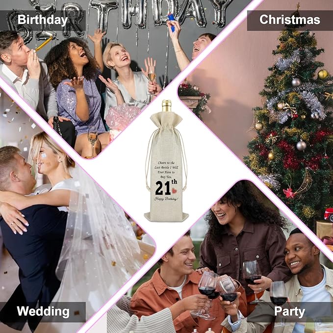 21th Birthday Gift Happy 21st Birthday Gift Wine Gift Bag Birthday Gift for Boys Girls Funny Wine Bag Gift for Friends Sister Daughter Birthday Party Decors Drawstring Wine Wrap Bag Turning 21 Gift