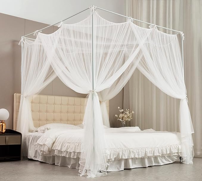 Mengersi Canopy Bed Curtains Bed Canopy with Lights for Girls, Bed Netting Unique Style 4 Door Mosquito Net for Adults Women Bedroom Decor (White+Lights, Twin/Twin XL)