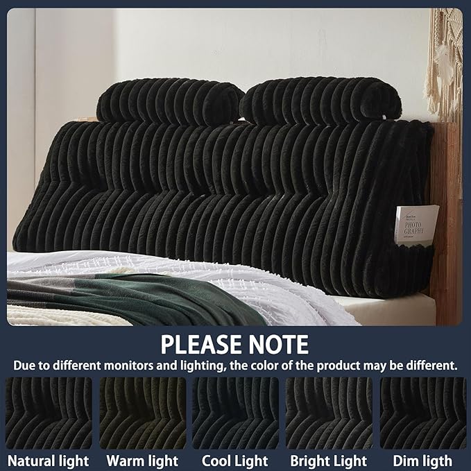 Faux Fur Headboard Pillow with 2 Pack Neck Roll Pillow Large Headboard Pillow Soft and Supportive with Removable Cover (Black, Twin)