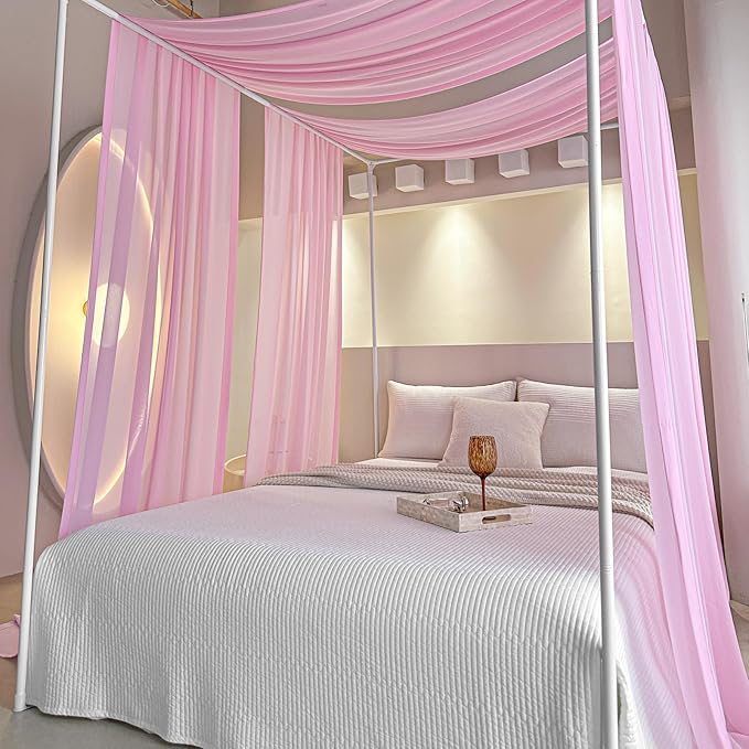 AIKASY Pink Bed Canopy Scarf for Twin - Luxury Sheer Canopy Bed Curtains with Light - Suitable for Four-Poster Bed, Metal Bed Frame, Wood Bed Frame -2pic