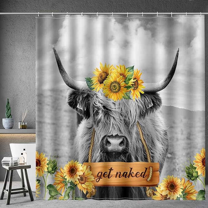 Aimego Extra Long Shower Curtain - Farmhouse Highland Cow Sunflower Rustic Western Country Get Naked Funny Fabric Cloth Shower Curtain Set with 12 Hooks Bathroom Decor Bathtub Curtain, 72"x84"