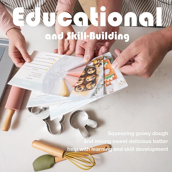 Kids Baking Set with Elegant Matching Apron for Child and Adult, Storage case, Real Working Utensils, Cookie Cutters, and Baking Supplies