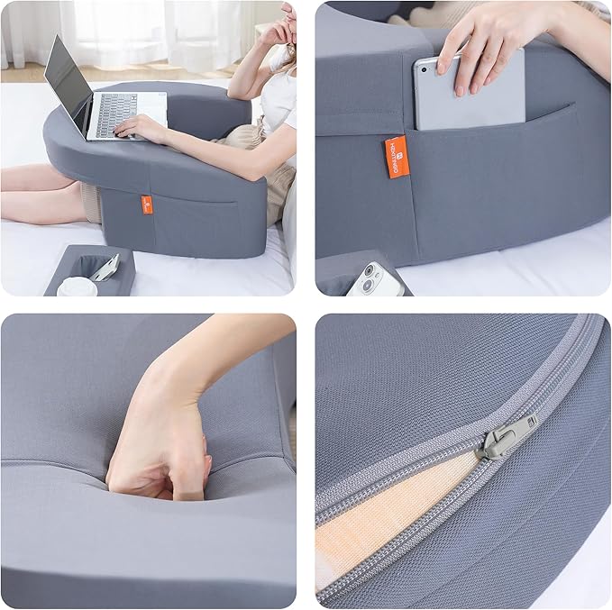 Gaming Pillow for Laptop, Reading Pillows for Sitting in Bed Adult with Cup Holder, Extra Large Memory Foam Lap Desk Pillow with Comfortable Armrests and Side Shelves