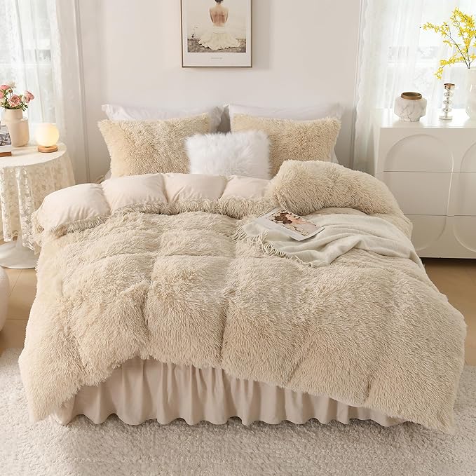 Litanika Beige Plush Comforter King Size, Luxury Fluffy Fuzzy Bedding Set for King Bed, Ultra Soft Velvet Shaggy Comforter 3 Pieces(1 Faux Fur Comforter 104×90 Inch, 2 Pillowcases)