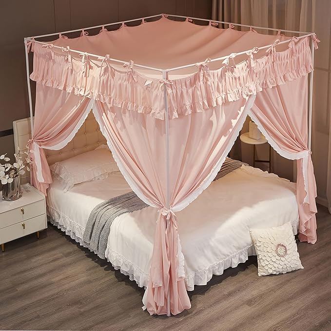 Ruffle Lace up 4 Corners Post Princess Curtain Bed Canopy Cozy Breathable Mosquito Net Cloth for Girls Adults Bedroom Decoration (Pink, 53" W*78" L*82" H/Full)