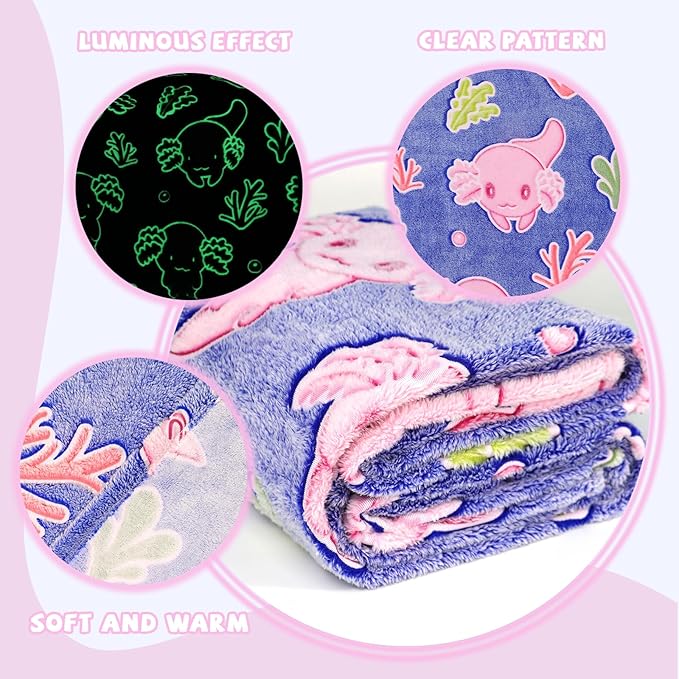 Glow in The Dark Axolotl Blanket Cute Throw Blanket Axolotl Gifts Toy for Kids Girls Adult Axolotls Stuff Axolotl Decor