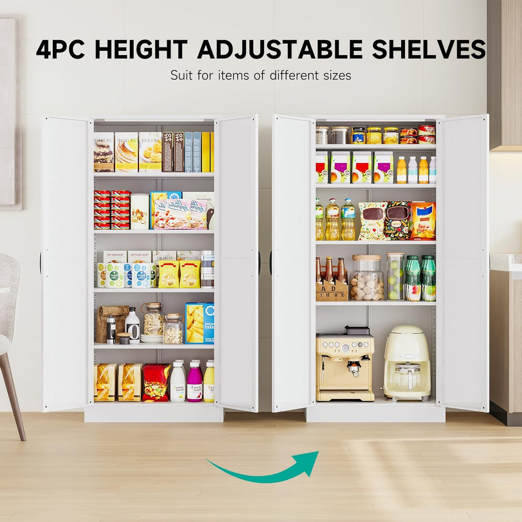 SISESOL Metal Storage Cabinet with 2 Doors and 5 Shelves,61 inch White Pantry Storage Cabinet,Large Farmhouse Pantry Cupboard for Home,Kitchen,Dining/Living Room