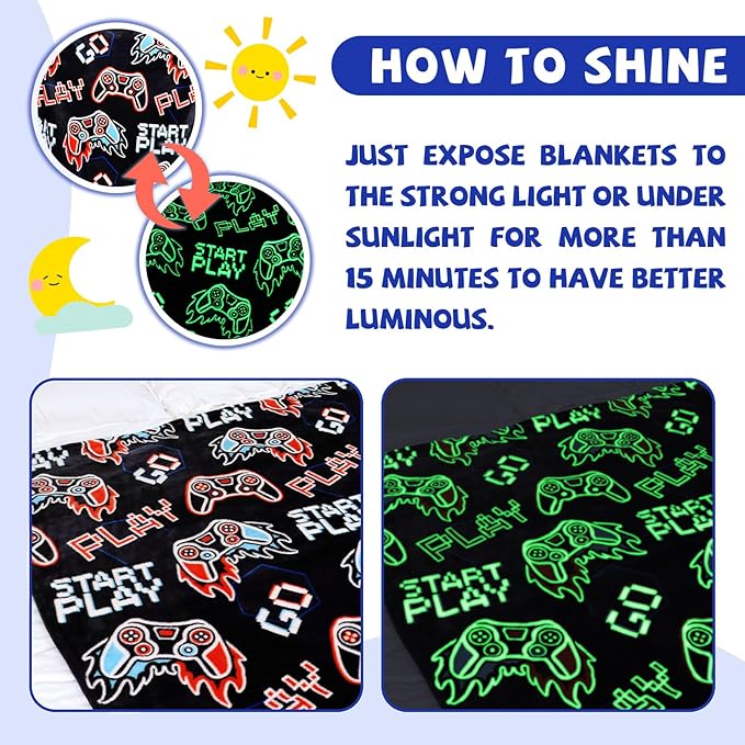 Glow in The Dark Video Gaming Blanket Soft Fuzzy Gamer Throw Blanket Boys Room Decor Game Gifts for Men Teens Couch Sofa Bedroom