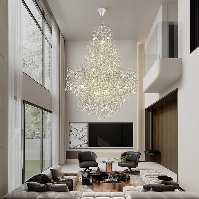 H65'' Silver Crystal High Ceilings Chandelier Staircase Chandeliers Modern Crystal Tree Branch Chandelier, D48'' Foyer Chandelier for High Ceiling Luxury Large Living Room Chandelier, 27-Lights
