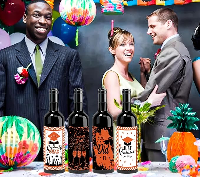 24Pcs Graduation Gift Wine Labels Congrats Grad Wine Bottle Stickers Graduation Party Waterproof Wine Bottle Decoration Cover for College Congrats Graduation Party Decorations, 4 Design