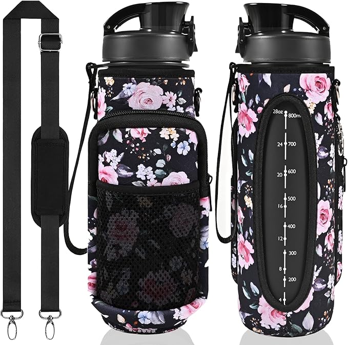 32 oz Water Bottle with Straw and Sleeve, Motivational Water Bottle with Time Marker and Adjustable Shoulder Strap, BPA Free Leakproof Sport Water Jug for Hiking, Gym