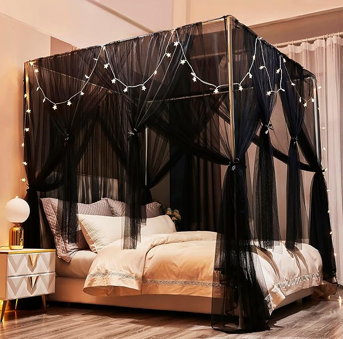 Mengersi Bed Canopy Canopy Bed Curtains with Lights- 4 Corners Post Royal Bed Drapes Mosquito Net- Elegant Bedroom Decoration Accessories for Adults(King,Black)