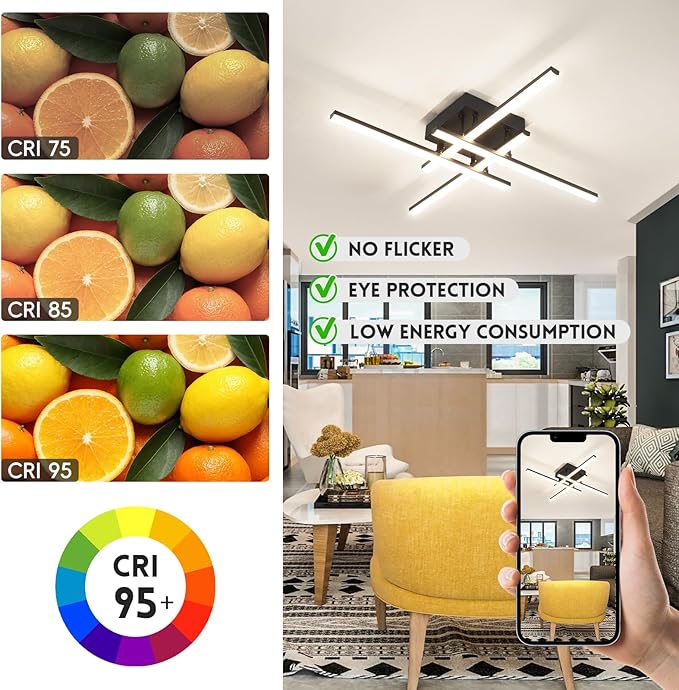 CANEOE Modern Ceiling Light Fixture Sputnik Dimmable Ceiling Light with Remote Control Black Flush Mount Chandelier Ceiling Lamp for Bedroom Living Room Kitchen Led Light Fixtures Ceiling Mount