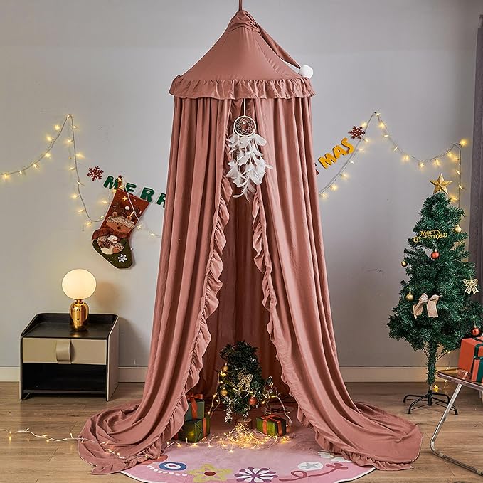 VETHIN Bed Canopy for Girls Kids,Princess Round Dome Children Dreamy Mosquito Net Bedding Girls Room Castle Play Tent Hanging House Decor Reading Nook Canopies (JujubeRed)