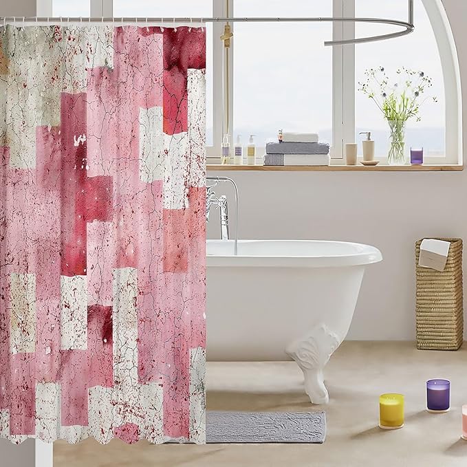 Feelyou Kids Geometric Pink White Bath Curtain Geometry Shower Curtain Boys Girls Checkered Bathroom Shower Curtain Set Modern Art Teens Bathroom Accessories Room Decor 72"x78"