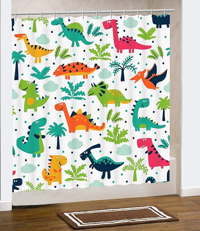 Tropical Dinosaur Shower Curtain. Colorful Dinosaur Theme will add an Element of Fun to your Master, Guest, Kids, Boys, College Dorm Bathroom.