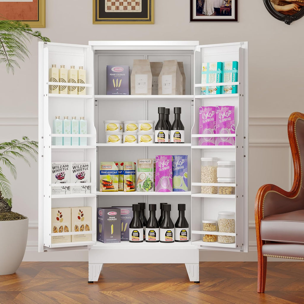 51" Metal Kitchen Pantry Cabinet, Storage Cabinets with 2 Door and 3 Adjustable Shelves, White Freestanding Food Storage Cabinet, Steel Cupboard for Kitchen Dinning Room