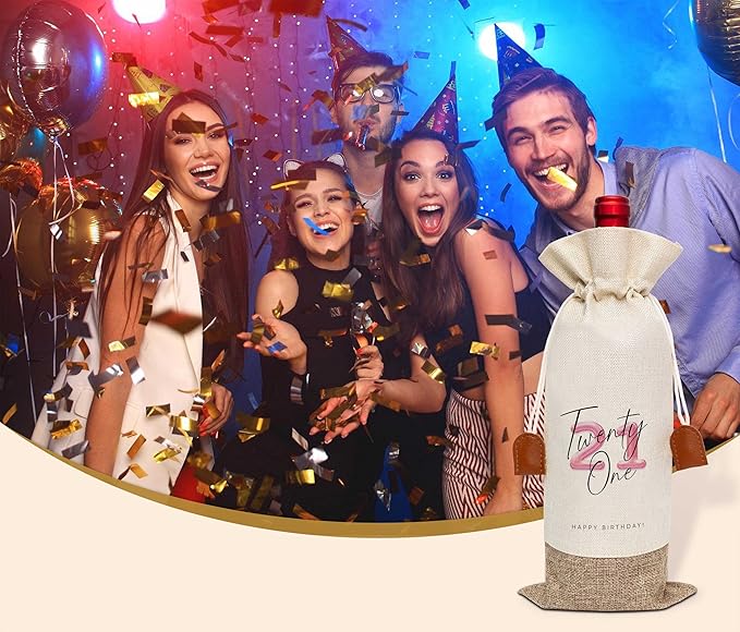 21th Birthday Wine Bag, Cotton Linen Wine Gift Bag With Drawstring, Wine Champagne Bottle Gift Bag, 21st Birthday Gifts Wine Bag for Woman Her Girl Friend Sister, 21th Birthday Party Favors-14