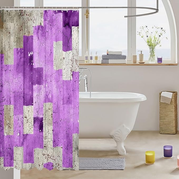 Feelyou Kids Geometric Purple Bathroom Shower Curtain Set Geometry Bath Curtain Boys Girls Checkered Shower Curtain Modern Art Teens Bathroom Accessories Room Decor 72"x84"