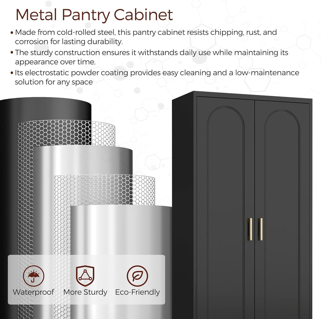 71" Tall Metal Pantry Cabinet with 4 Adjustable Shelves and Gold Handles Heavy-Duty Steel Storage for Kitchen, Dining Room or Office