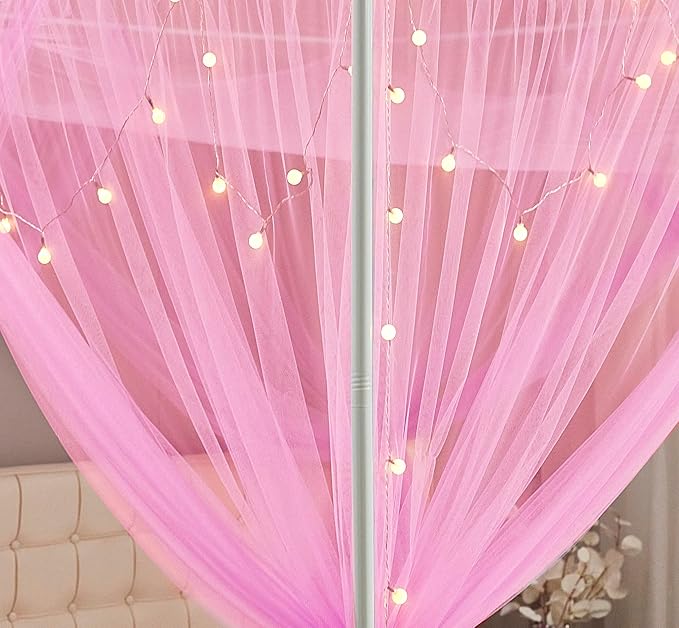 Mengersi Canopy Bed Curtains Bed Canopy with Lights for Girls, Bed Netting Unique Style 4 Door Mosquito Net for Adults Women Bedroom Decor (Pink+Lights, King)