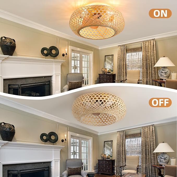 NicBex Ceiling Fan 20 Inch Ceiling Fans with Lights Bamboo Woven Ceiling Fan with Blades and Remote Control Flush Mount Ceiling Fans for Bedroom, Living Room, Natural