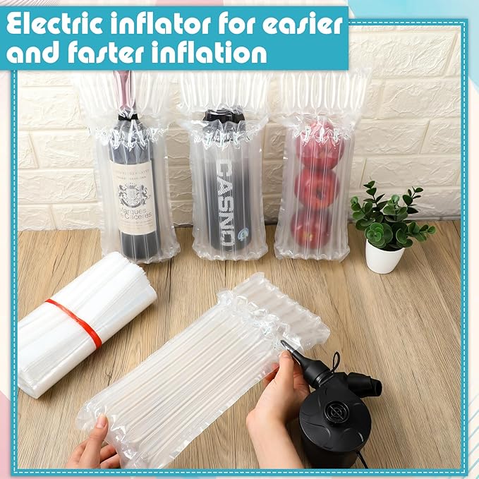 300 Pcs Wine Bottle Travel Protector Bags, Inflatable Air Column Packaging Bubble Bag with Reusable Inflator Pump, Reusable Wine Bottle Protector Air Cushion Bags for Travel Shipping