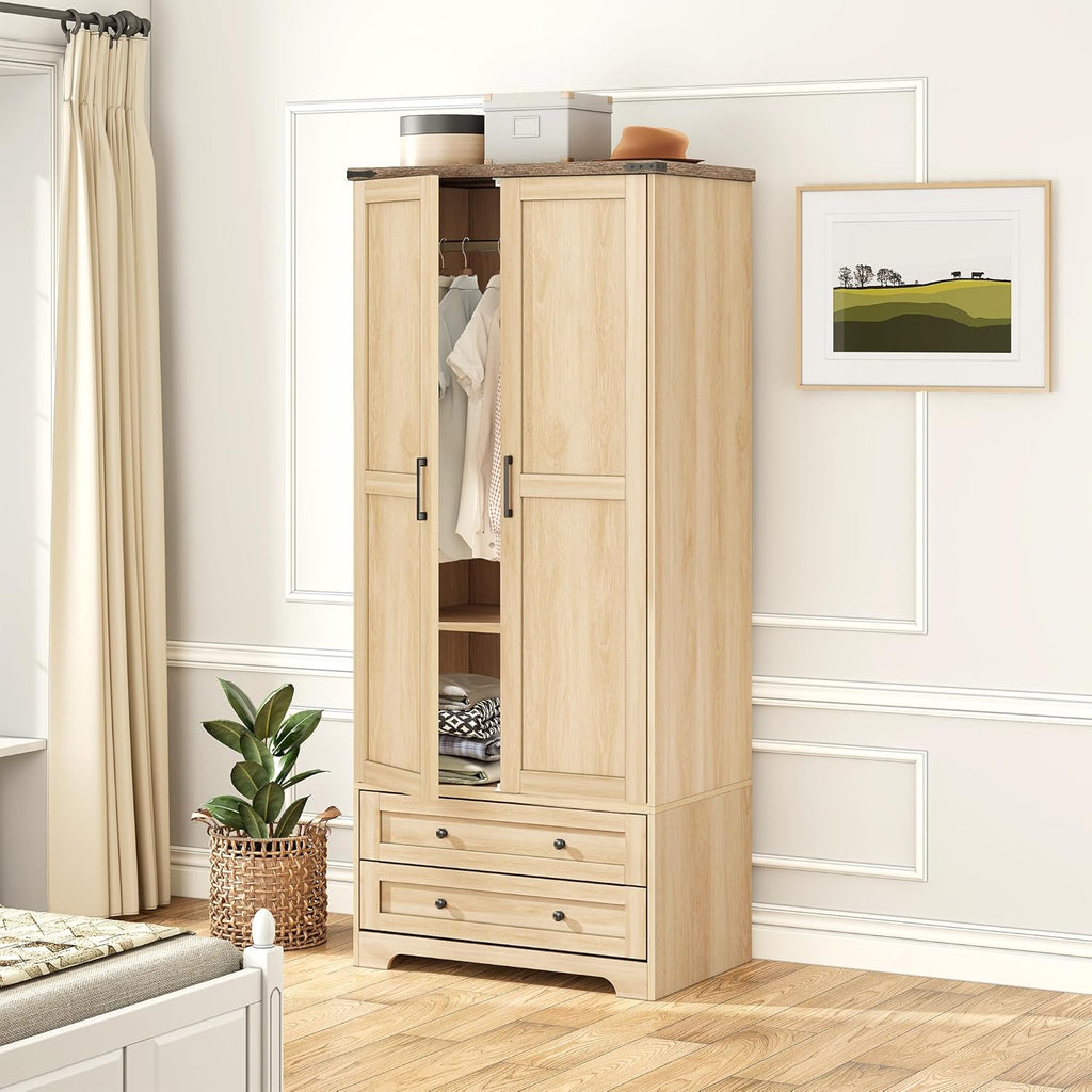 Brafab Wooden Armoire Wardrobe Closet with 2 Modern Doors, 71" Tall Freestanding Closet Wardrobe Cabinet with Drawers and Hanging Rail, Storage Cabinet with Shelve for Bedroom (Natural, 2 Doors)