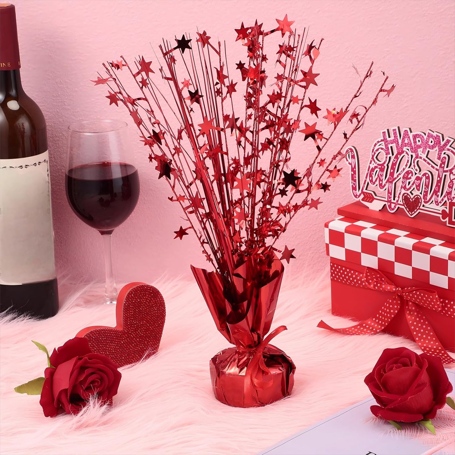 Crowye 18 Pieces Metallic Foil Spray Centerpiece Party Star Table Decoration Burst Metallic Table Centerpieces for Birthday Party Season Holiday(Red)