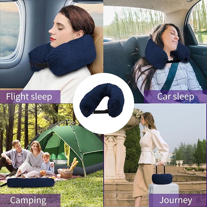 Stuffable Travel Pillow for Extra Luggage, Travel Neck Pillow Stuffable with Clothes, Stuffable Neck Pillow for Travel, Velvet Travel Neck Pillow Storage Bag, Fillable Luggage Pillow (Dark Blue)