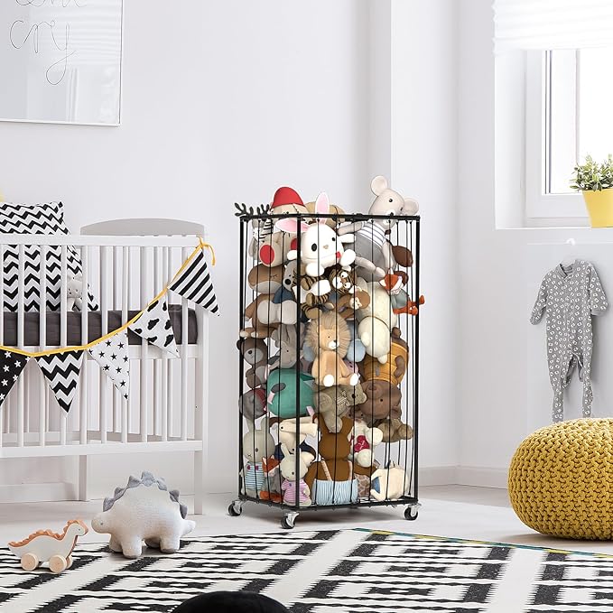 210L Stuffed Animal Organizer Plush Toy Storage Organizer Toy Storage Basket, Kids Toy Storage Bins with Wheels, Metal Frame and Elastic Cord Design, Suitable for Storage of Any Stuff