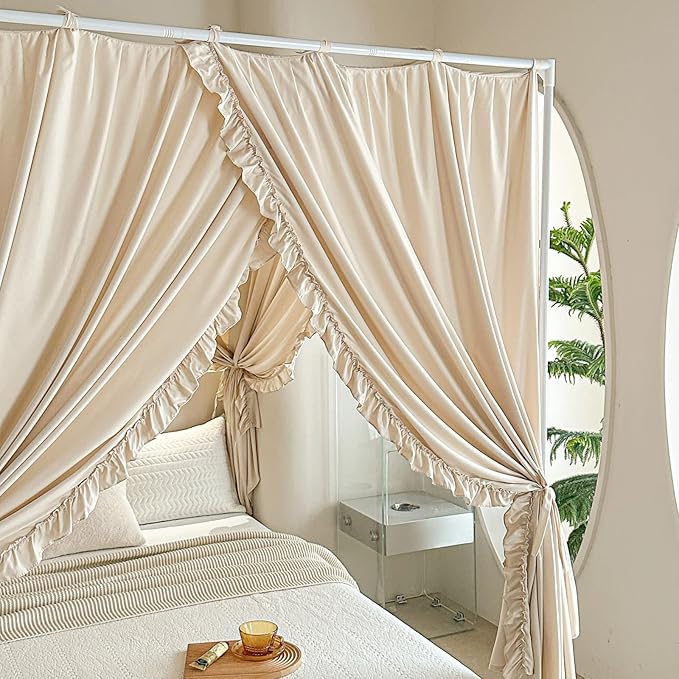 AIKASY Princess Canopy Bed Curtains with Top Ties - Windproof & Lightproof for Girls' Adult Bedroom Decor | Bed Canopy Drapes (Queen,Khaki)
