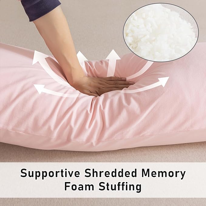 WhatsBedding Memory Foam Body Pillow with 100% Cotton Jersey Knitted Cover, Luxury Soft Large Long Pillow for Adults, Firm Full Body Pillow with Removable Zippered Pillow Case - Pink