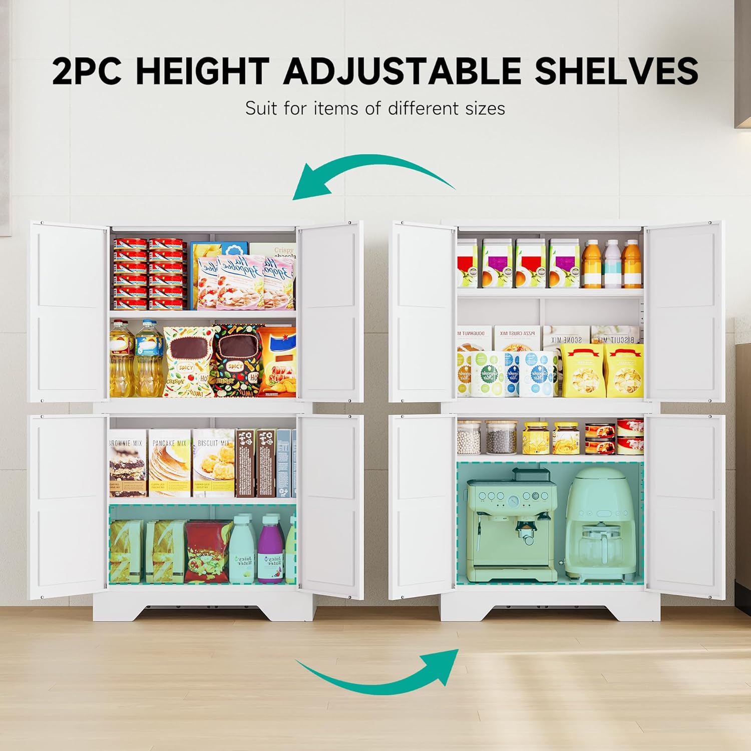 SISESOL White Storage Cabinet with 4 Doors and 2 Adjustable Shelves,Farmhouse Food Pantry Cabinets,Small Bathroom Cabinet,4 Tier Metal Storage Cabinets for Home Kitchen,Dining/Living/Laundry/Room