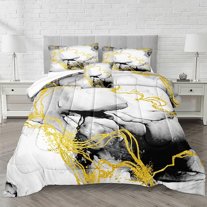 Bedbay Marble Comforter Set King Size Watercolor Bedding Black and Gold Bedding Duvet Set Abstract Marble Texture 4 Pieces Soft Microfiber Lightweight Down Alternative Comforter(Ink,King) ﻿