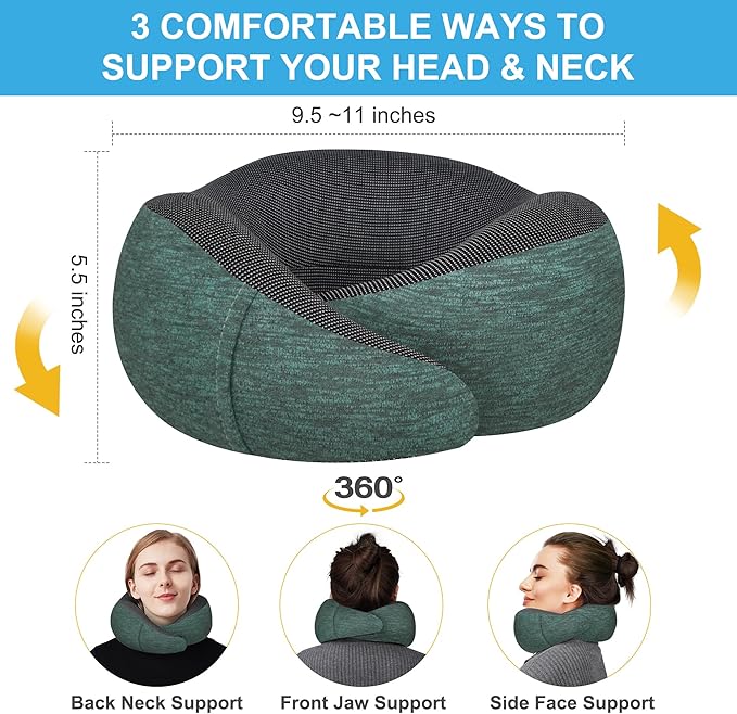MULIHOMI™ New Packaging Updated Travel Pillow for Airplane with 100% Memory Foam, 360° Adjustable Full Surrounding Flying Neck Pillows, Travel Pillow Set with 3D Eye Masks, Earplugs (Deep Green)