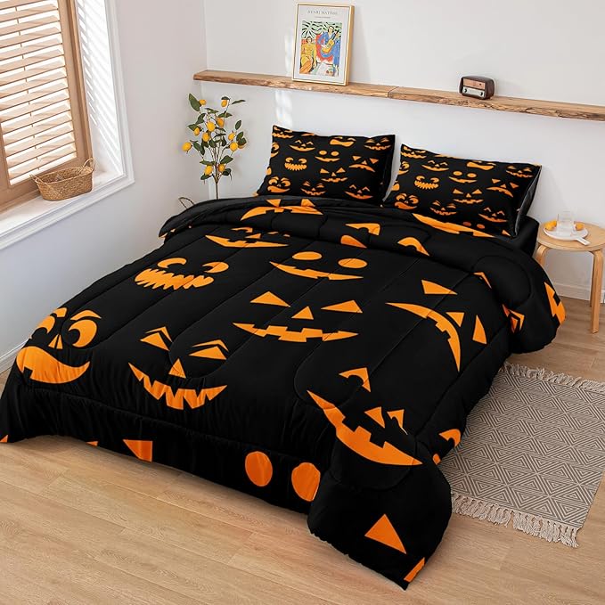 Bedbay Halloween King Comforter Set Black Orange Ghost Bedding Set for Kids Boys 4 Pcs Soft and Breathable Comforter Halloween Room Decor(Orange,King)