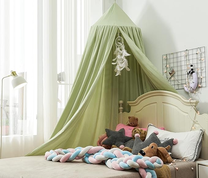 Mengersi Bed Canopy for Girls, Round Dome Canopy Curtains Room Decoration Princess Castle, Dreamy Mosquito Net Bedding (Sage Green)