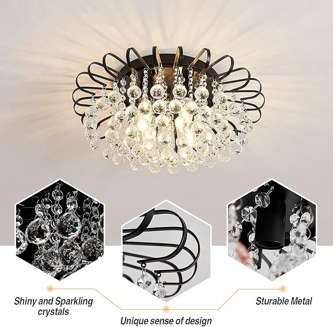 CVKASH Crystal Floral Chandelier 4-Light Antique Modern Black Flush Mount Raindrop Crystal Ceiling Lighting Fixture Chandelier for Living Room Bedroom Dining Room Entryway D17.71 H8.26
